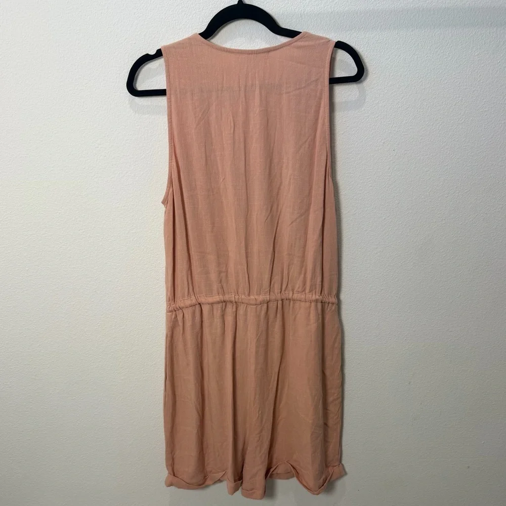 Tropical Peach Linen Blend Button-Down Romper - Coastal Boho Tassel Tie - Large